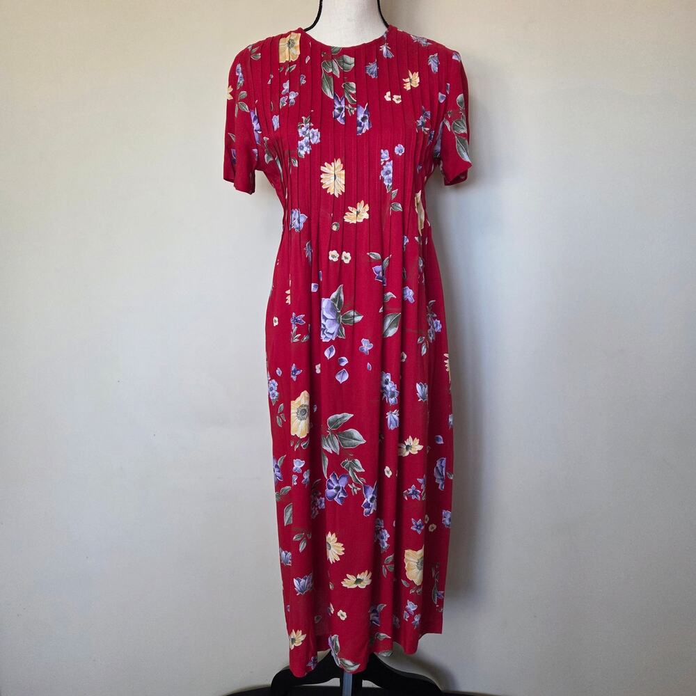 Positive Attitude 4P Floral Short Sleeve Pintuck Midi Dress Tie Zip Back Red